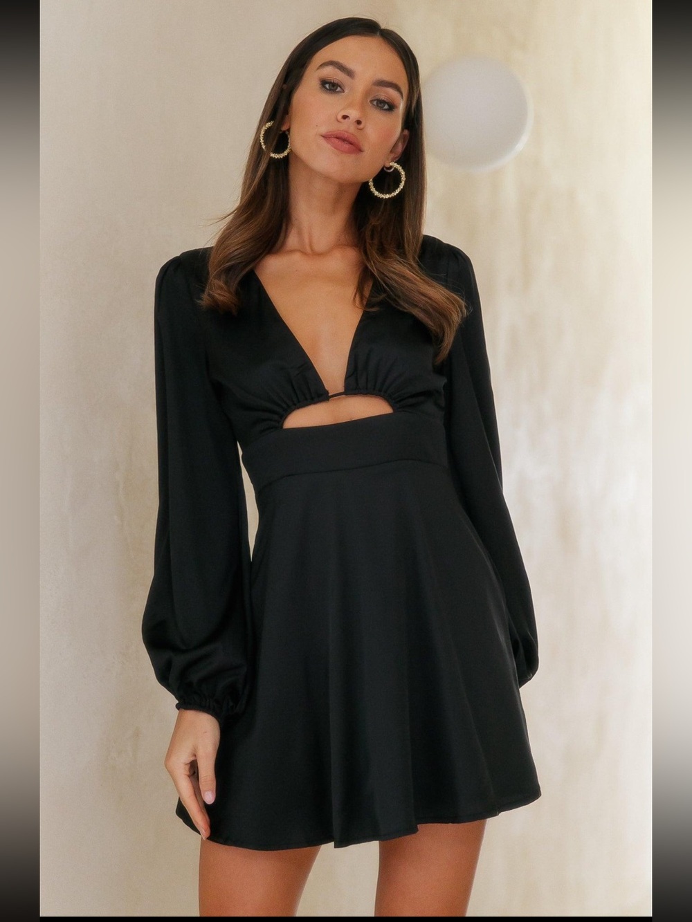Hello Molly Black Satin Cutout Mini Dress Long Sleeve S